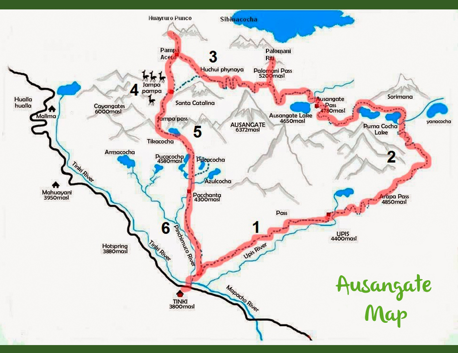 A detailed Map of Ausangate Mountain, showing trekking routes and key landmarks